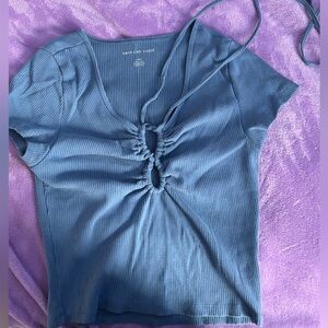 American Eagle Outfitters Blue Ruched Short Sleeve Top